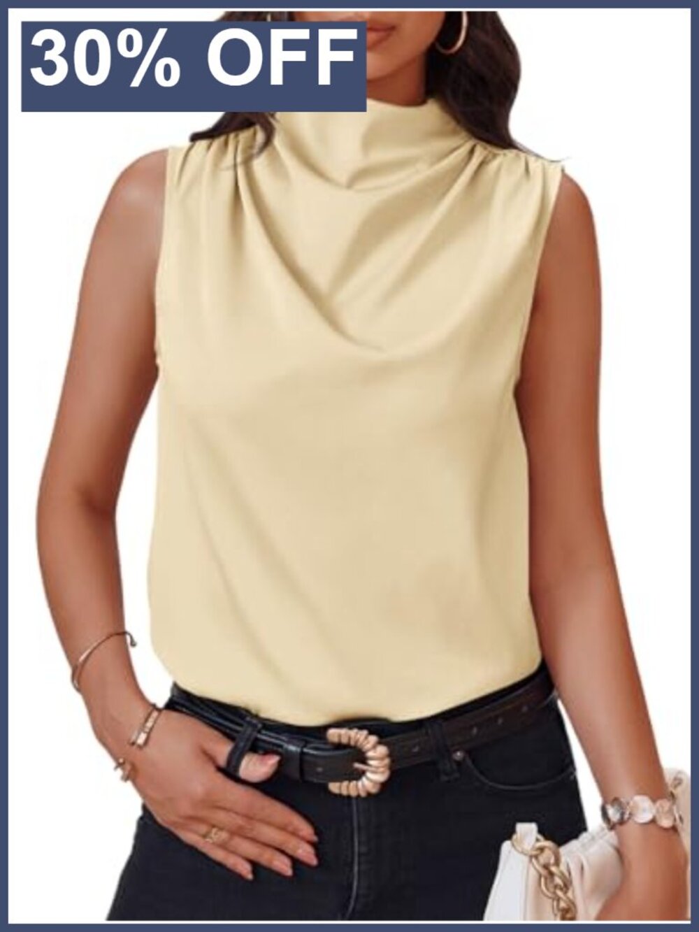 Mock Neck Satin Tank Top Sleeveless Ruched Business Casual Blouse